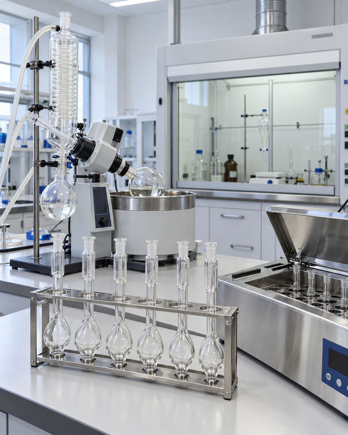 Rotavapor, cabina de extracción de gases, tubos Mojonnier y baño térmico